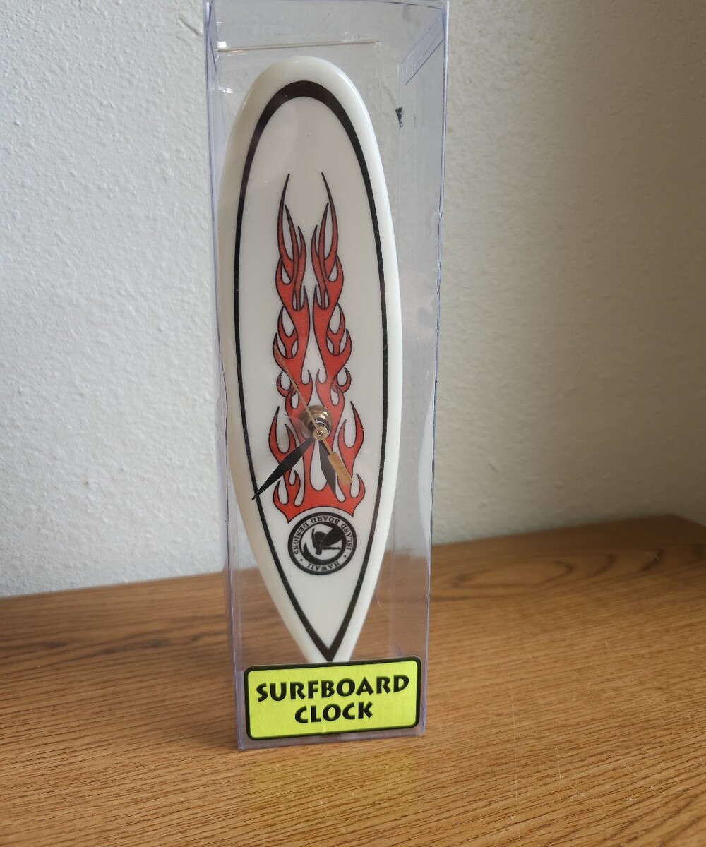 Vintage Surfboard Clock 9 Inch Flames Hawaii Island Board Designs NIB Surfer